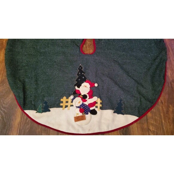Santa Snowman Christmas Tree Skirt Green Sparkly 43" Primitive Vtg Y2K Applique - Picture 3 of 9